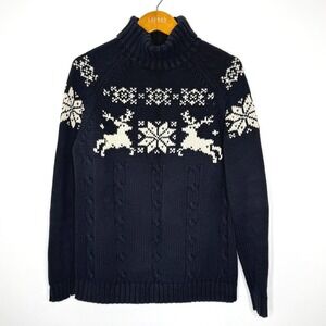 Vintage Lands' End Turtleneck Snowflake/Reindeer Cable knit sweater Large